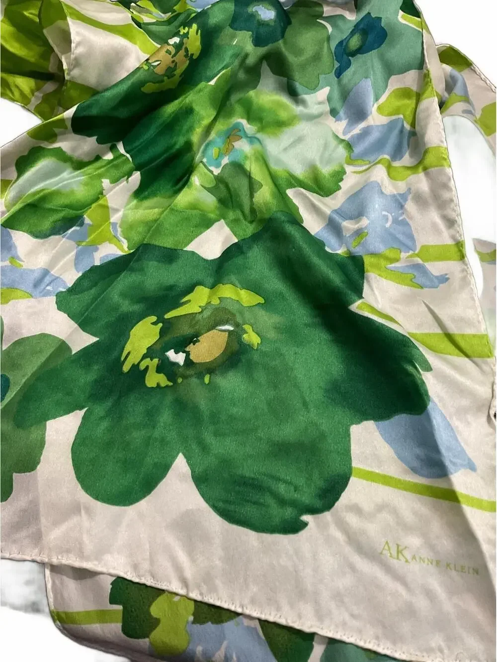 Anne Klein 100% Silk Floral Scarf with Green and Blue Pattern